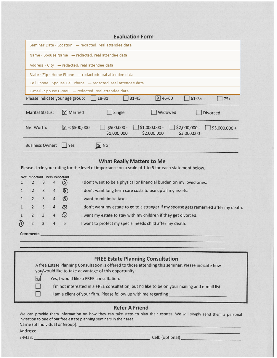 The seminar Evaluation Form with attendee identity fields redacted